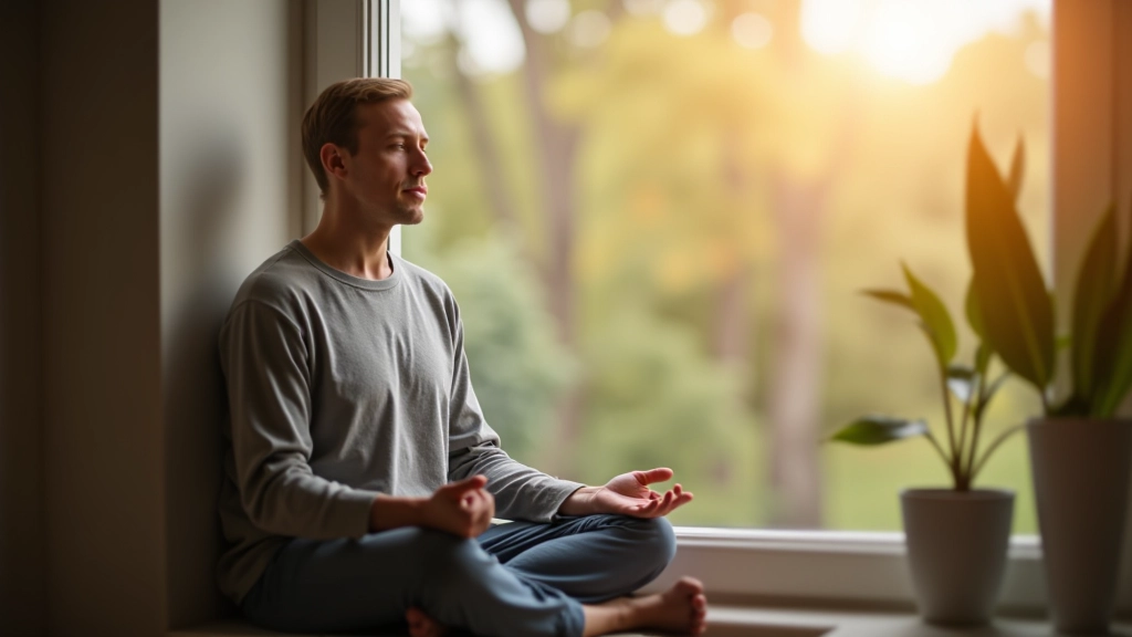 Person der mediterer ved vinduet med morgenlys, ydre ro og indre balance