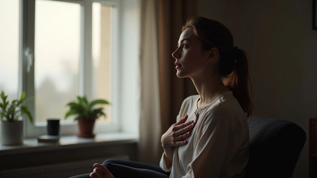 Person der sidder i stilhed med hånd på hjerte og betænksom mine, naturligt lys gennem vindue